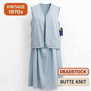 Vintage 70s Butte Knit Vest & Skirt Set Deadstock Jonathan Logan Blue Mod Poly